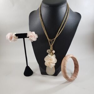 3 pc set pink poof flower earrings charm necklace